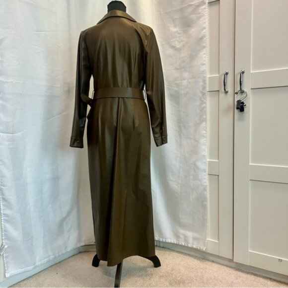 Zara khaki faux leather V-neck belted midi dress lapel collar long sleeve L NWOT - Picture 12 of 16